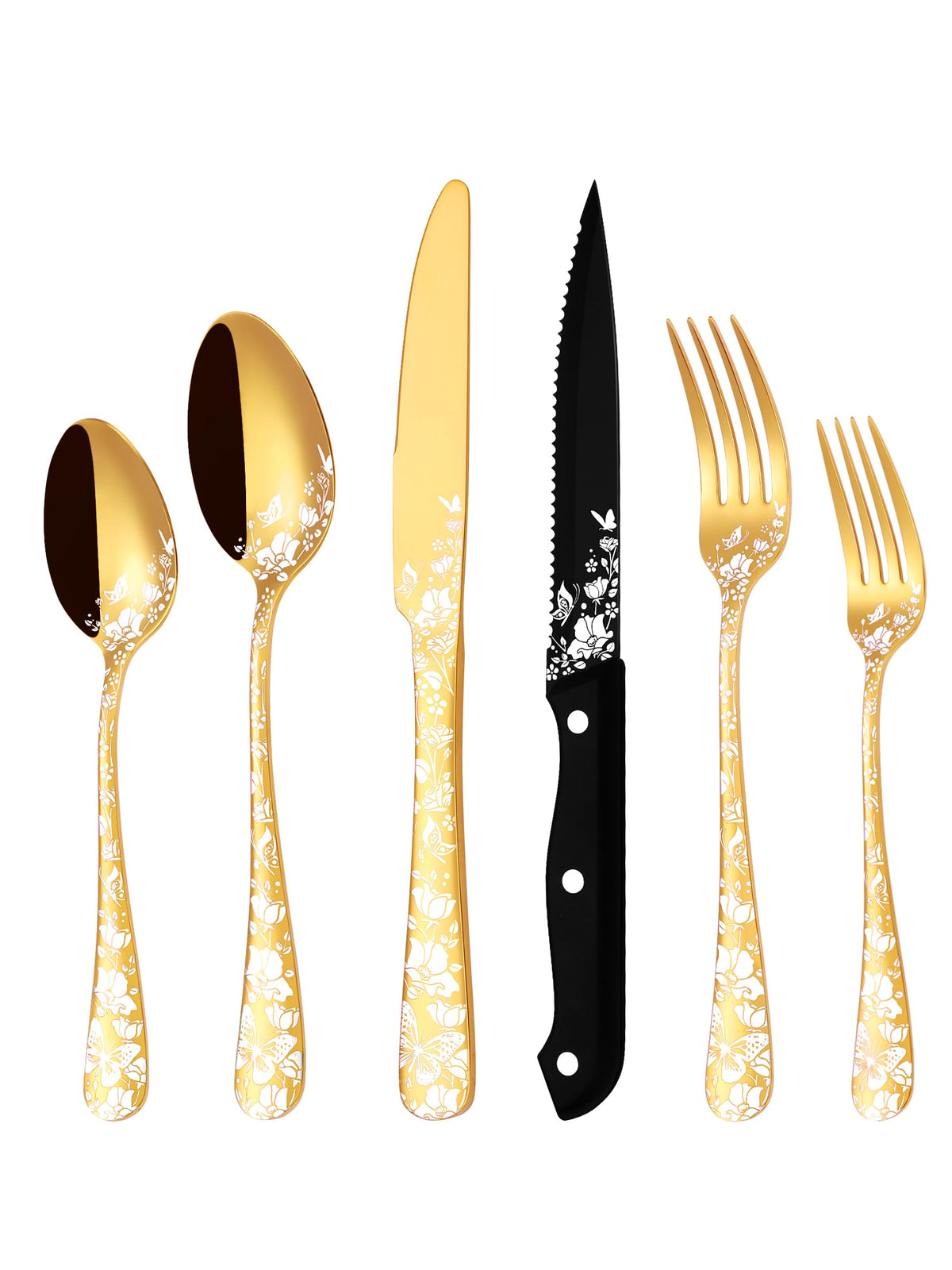 24 Pcs Gold Silverware Set with Steak Knives, Stainless Steel Gold Silverware Flatware Cutlery Set for 4, Include