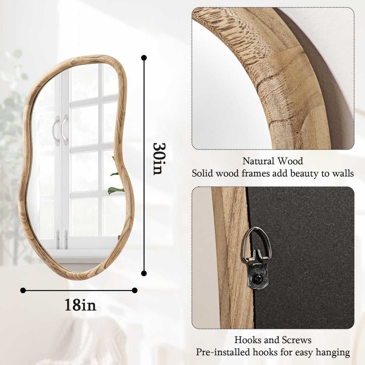 Irregular Wall Mirror Wood Asymmetrical Mirror Large Bathroom Vanity Mirrors Natural Wood Framed Abstract Mirrors for