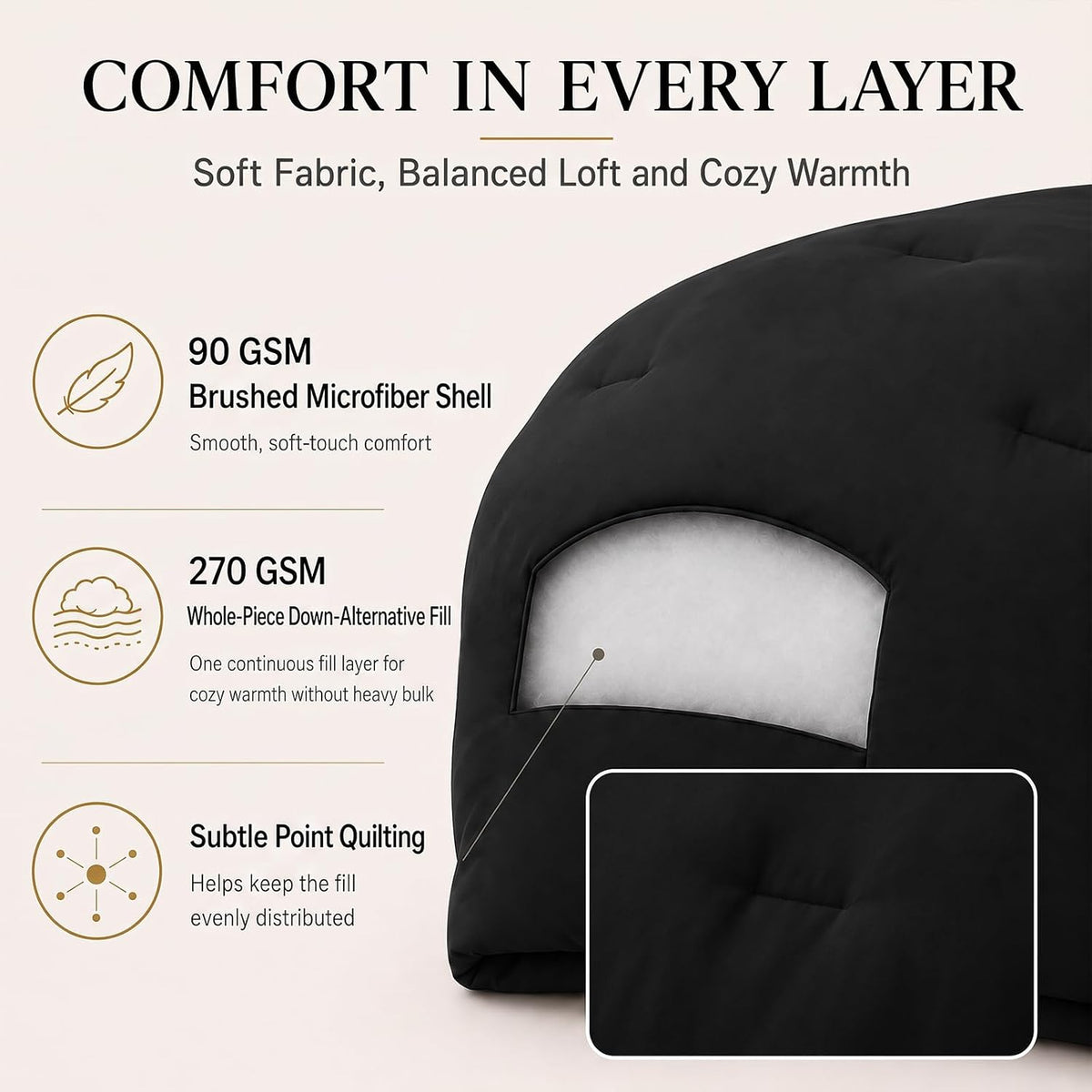 Queen Comforter Set, 3 Pieces Down Alternative Bedding, Black - Set of 3