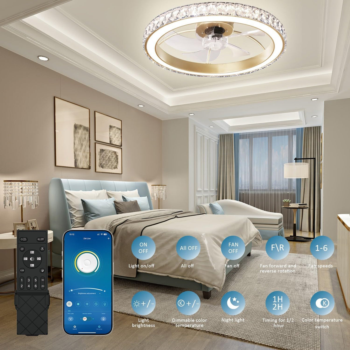 Low Profile Modern Crystal Chandelier Ceiling Fans with Lights and Remote, 3000K-6500K Smart Bladeless LED Fan Light