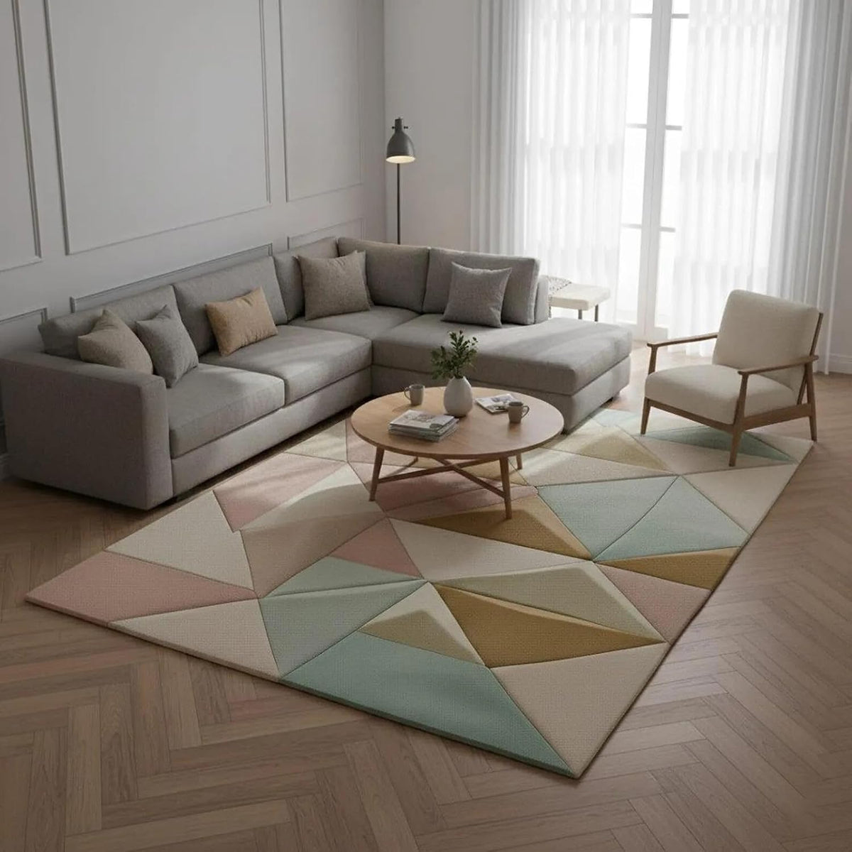Modern Hand Tufted Wool Area Rug - Pastel Geometric Triangle Floor Carpet for Scandinavian Living Room, Bedroom