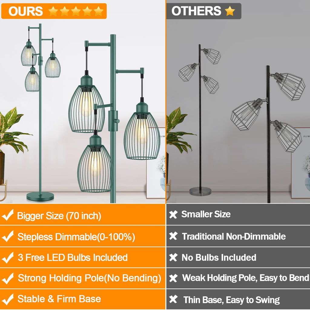 Dimmable Floor Lamp, Industrial Floor Lamps, Green Tree Lamp Standing Lamp Tall Lamps with 3 Elegant Teardrop Cage