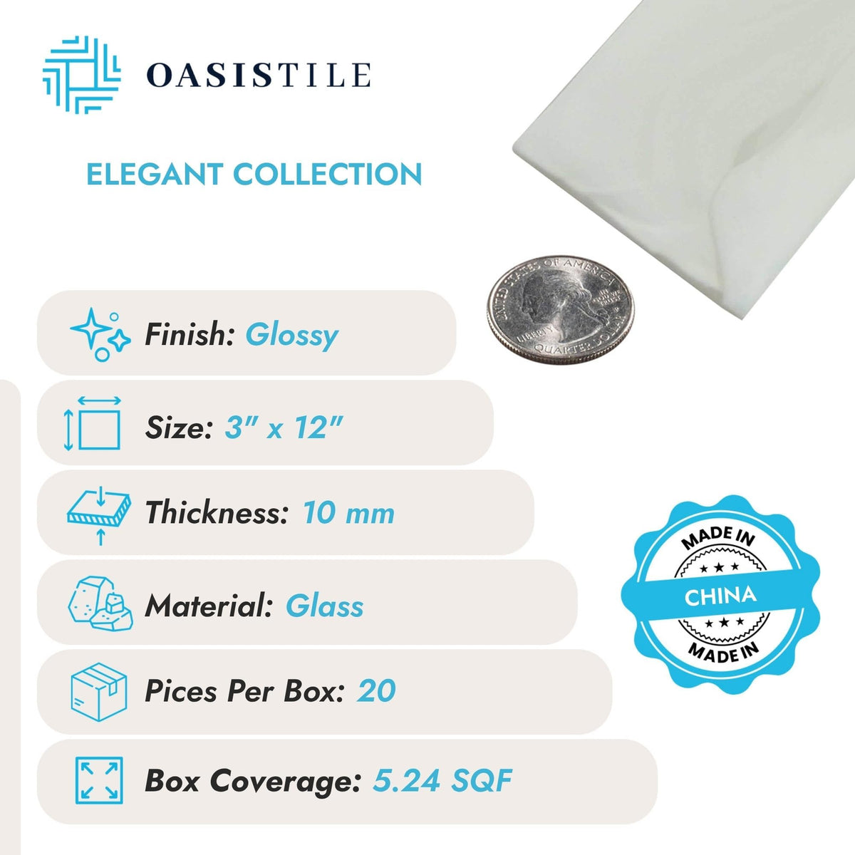 Oasis Tile Elegant Swirl Porcelain Cloud White 3x12 Glass Subway Tile