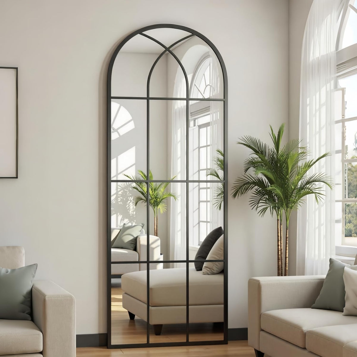 Arched Full Length Mirror, 56"x22" Windowpane Floor Mirror, Black