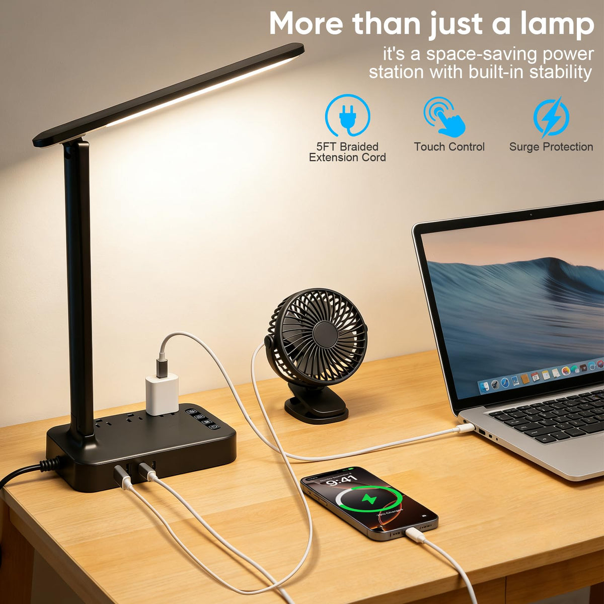 LED Desk Lamp with Power Strip, 3 AC Outlets & 4 USB Ports (2 USB-C), Eye-Caring Task Light, 5 Color Modes 5