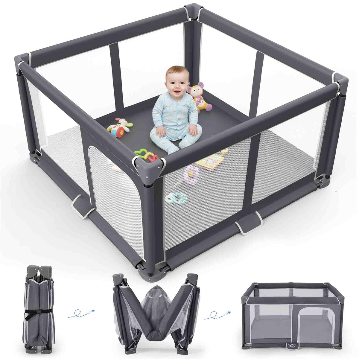 Foldable Baby Playpen Portable Travel Play Yard, Dark Gray