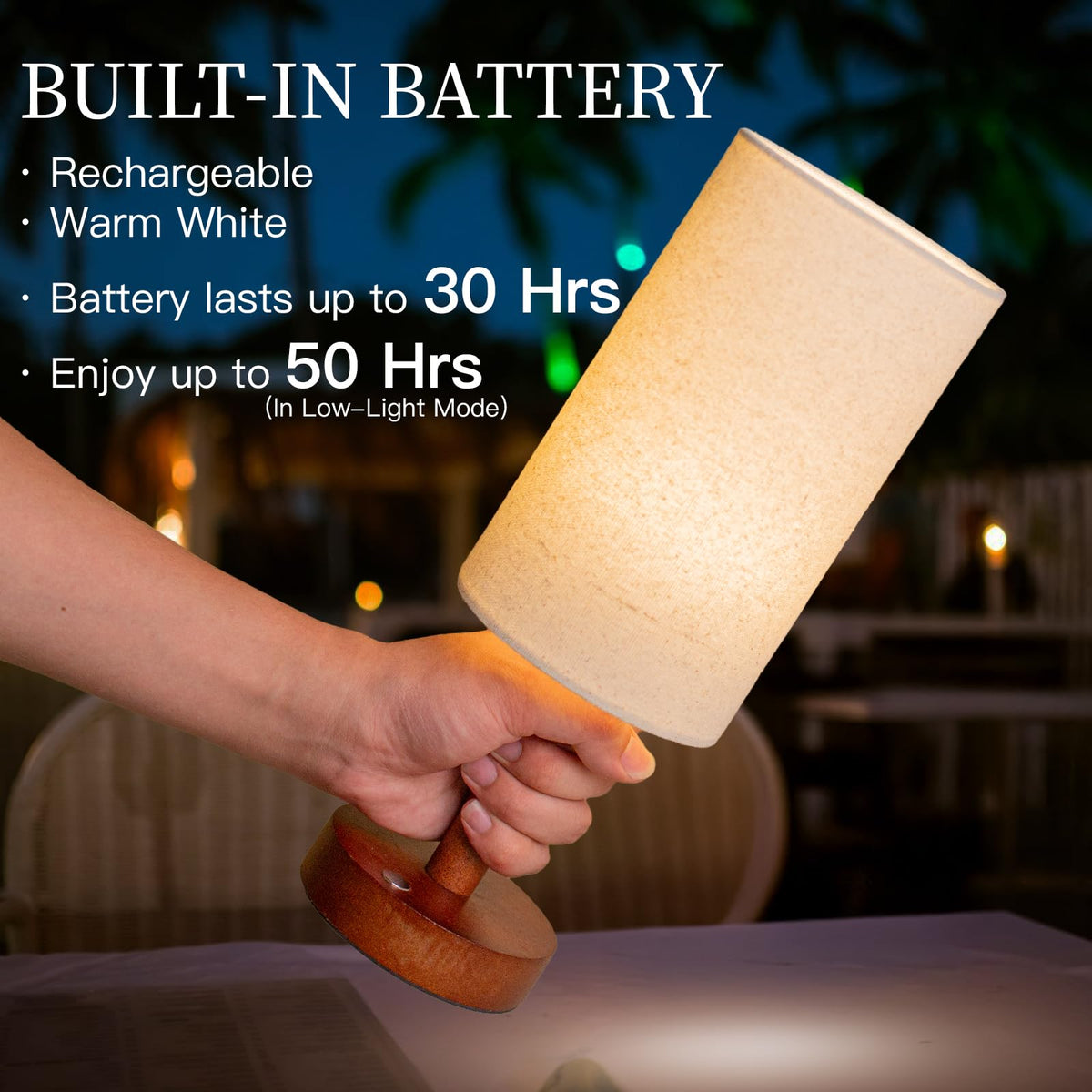 Cordless Table Lamp, 3 Color Portable Battery Lamp Wood Base Touch