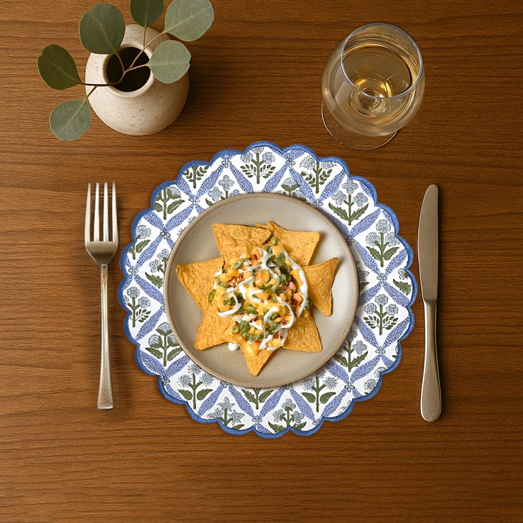 Floral Block Print Round Placemats 15 in, Set of 4, Light Steel Blue