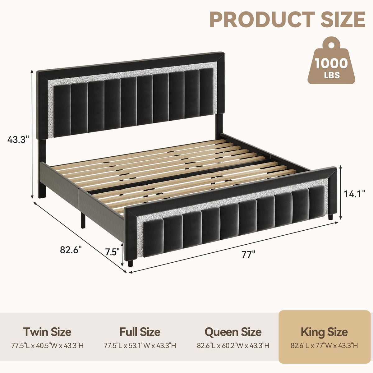 King Bed Frame with Headboard, Velvet King Size Bed Frame with Diamond Design Headboard and Footboard, Wooden Slats