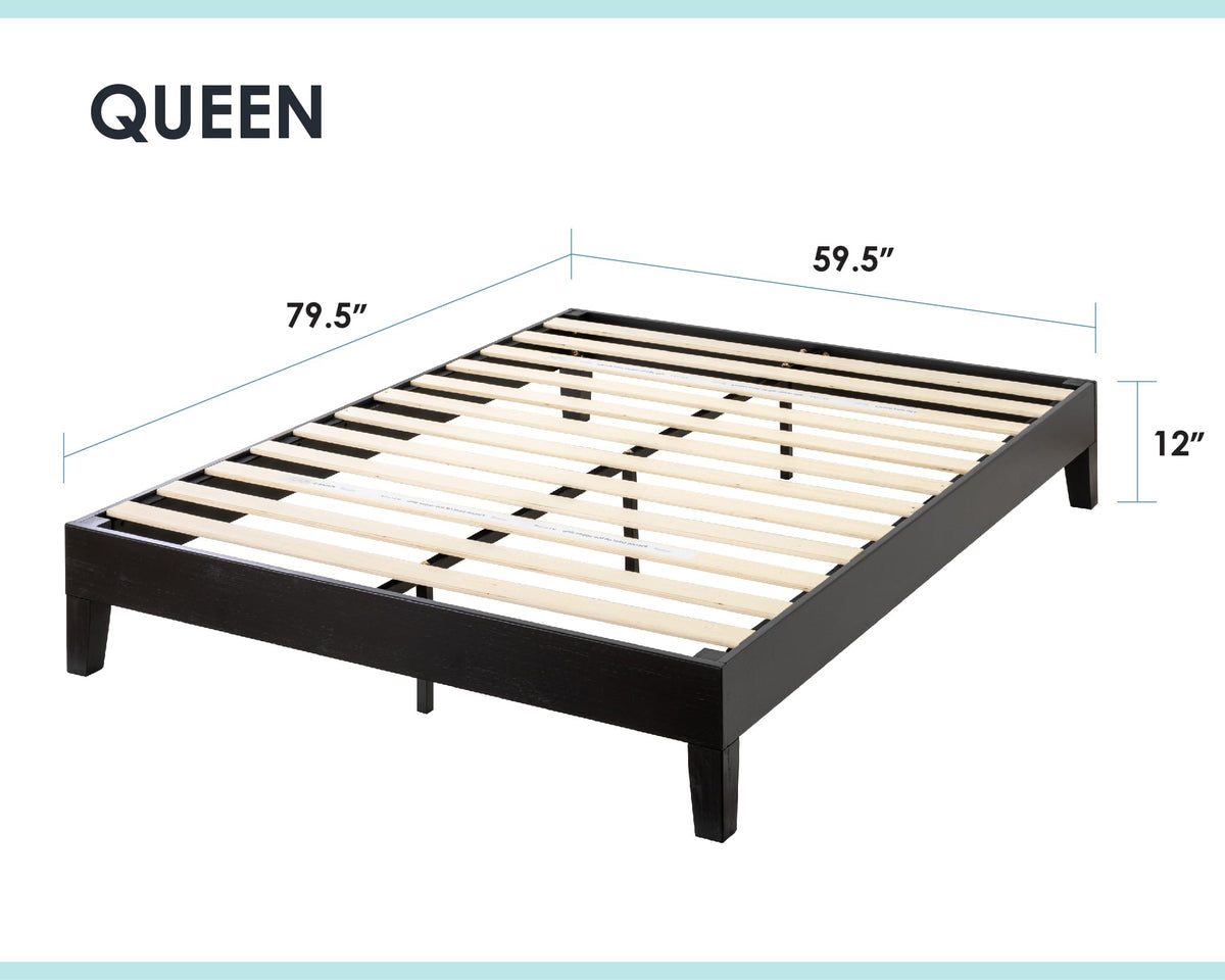 Naturalista Grand 12 Inch Solid Wood Platform Bed with Wooden Slats, Easy Assembly, Queen, Black