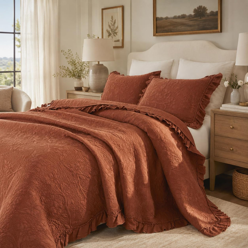 Quilt Set Cotton Luxury Farmhouse Comforter Set Burnt Orange Matelasse Coverlet Set Ruffle Bedspread 3-Piece