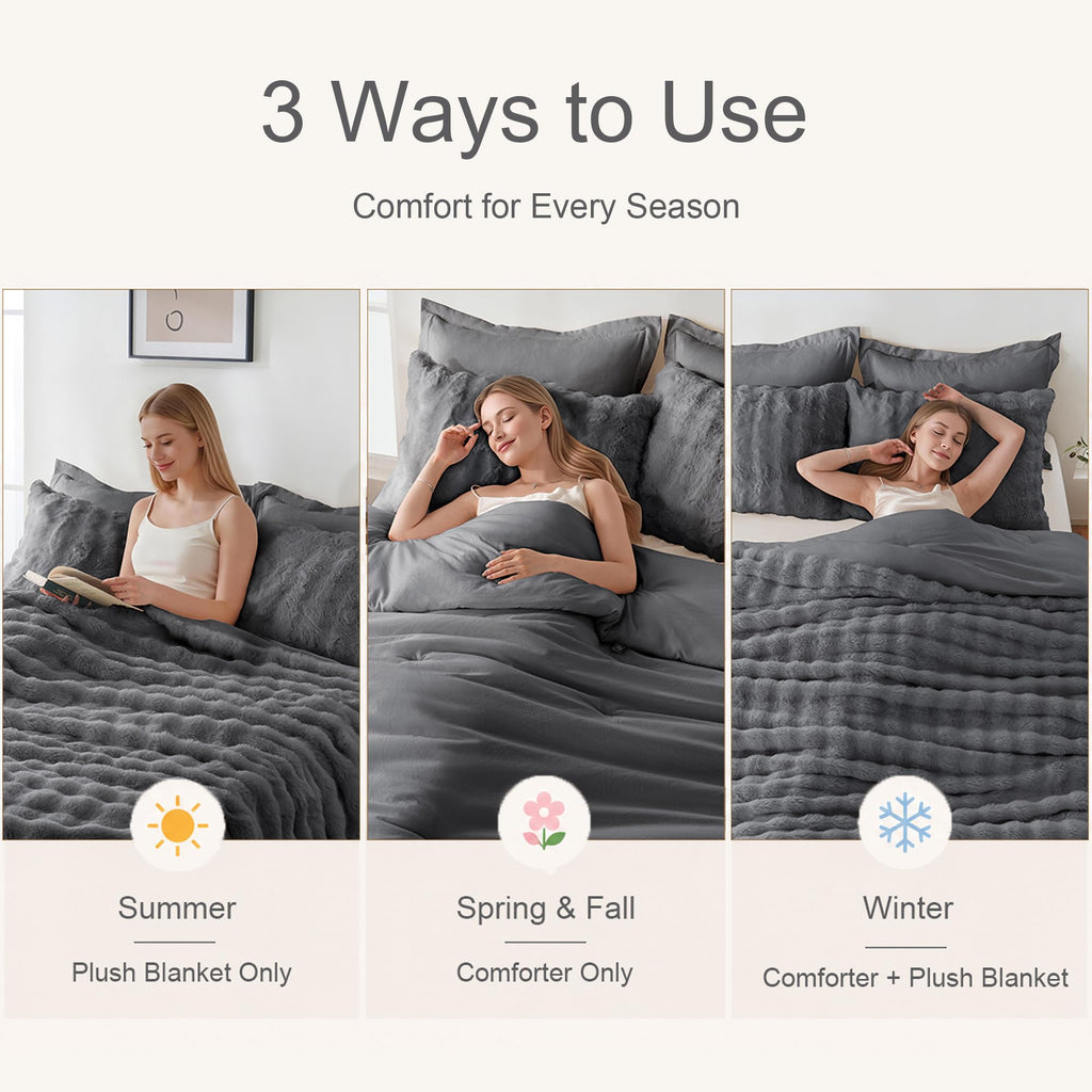 2-in-1 Faux Rabbit Fur Comforter Set, 6-Piece Grey