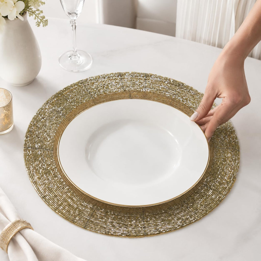 Beaded Round placemate Gold Tonal Charger Placemats, Set of 4 13-Inch Round