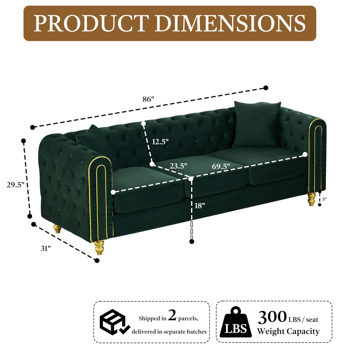 86" Chesterfield 3-Seater Velvet Sofa Couch, Button Tufted Rolled Arms with Gold Piping, Gold Metal Legs, Modern