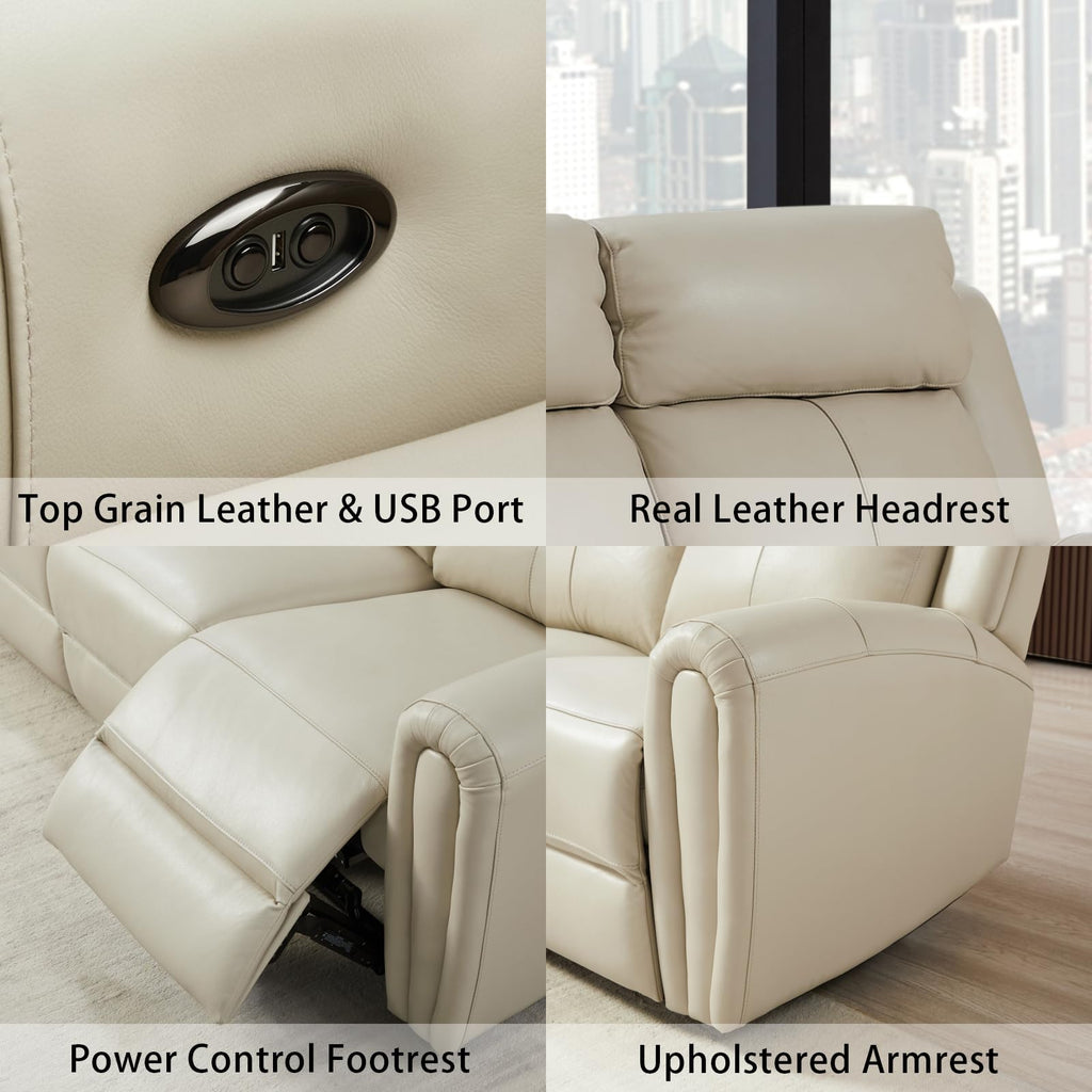 Beige Genuine Leather Power Recliner Sofa Loveseat with USB Port.