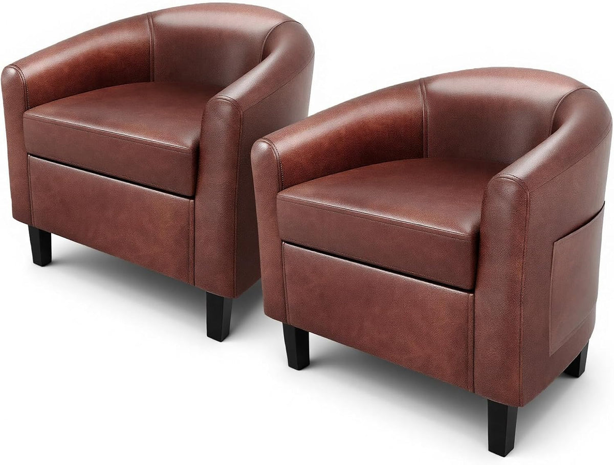 Accent Chairs Faux Leather Barrel Chair Club Armchair with Soft Seat Bedroom Reading Waiting Room - Brown - Set of 2
