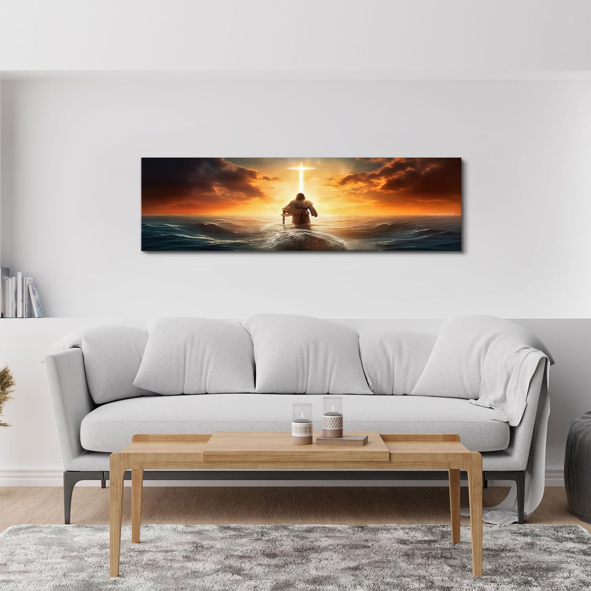 Christian Bible Canvas Wall Art Above Bed, Jesus Walking on Water Picture Wall Decor Sunrise Ocean Sea Cross Painting