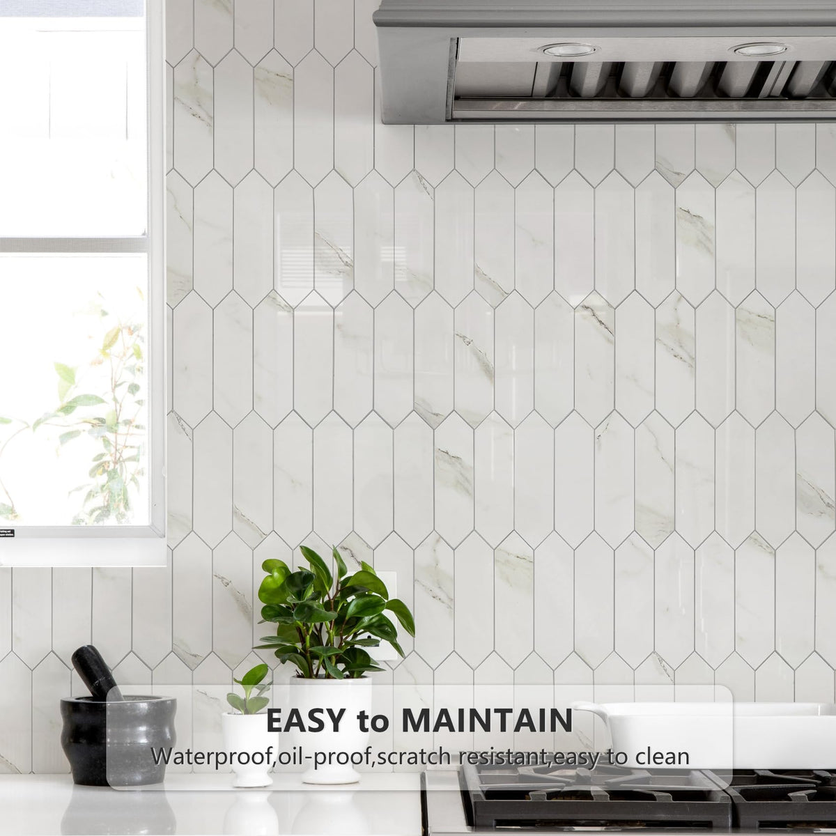 Glossy White Marble Backsplash Tile Peel and Stick, 12.8 x 12.8 Inch 10 Sheets Long Hexagon PVC Self Adhesive Mosaic