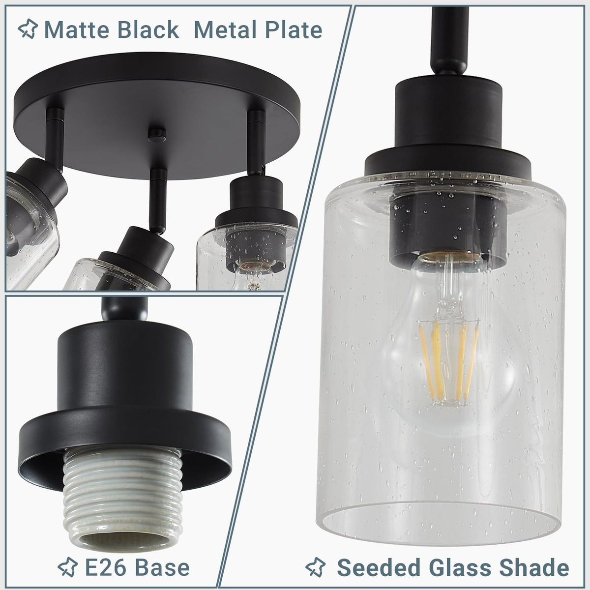 Track Lighting with Rotatable Light Heads, Black Ceiling Track Lighting Fixtures with Seeded Glass Shade