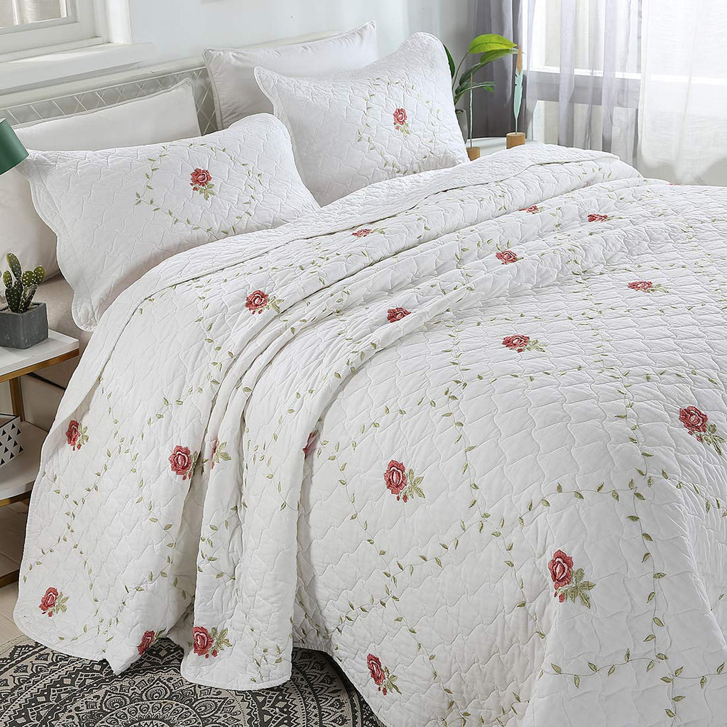 3-Piece Elegant Flower and Leaf Embroidered Bedspread Coverlet Set Oversize Queen 100% Cotton Reversible Patchwork 1