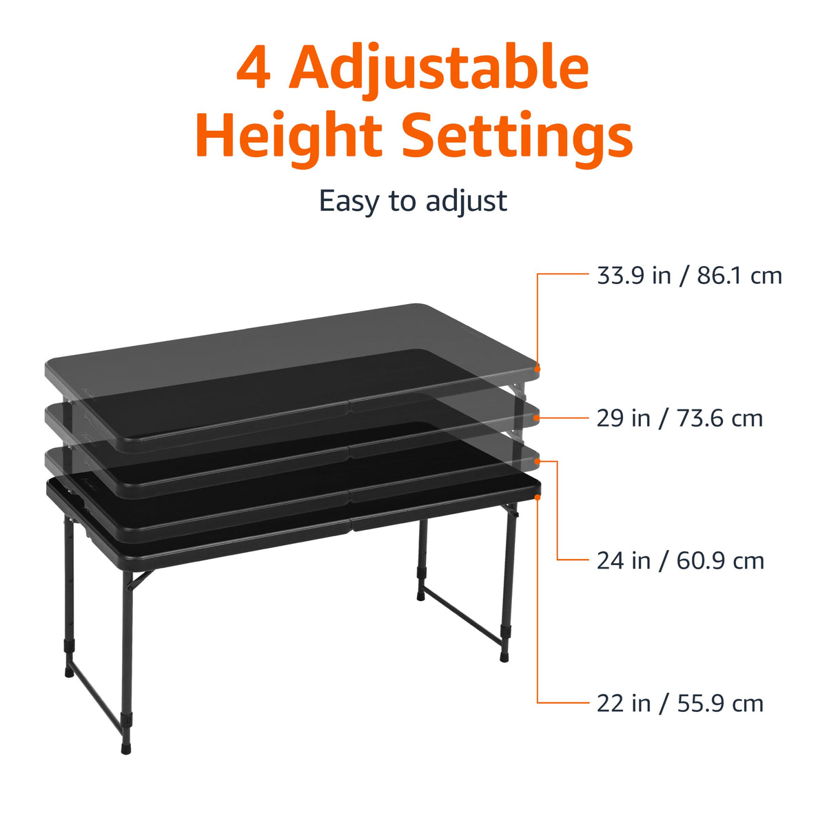 Portable 4 Ft Rectangular Folding Dining Table, 4 Adjustable Height Settings, Space Saving Fold-in-Half Design and