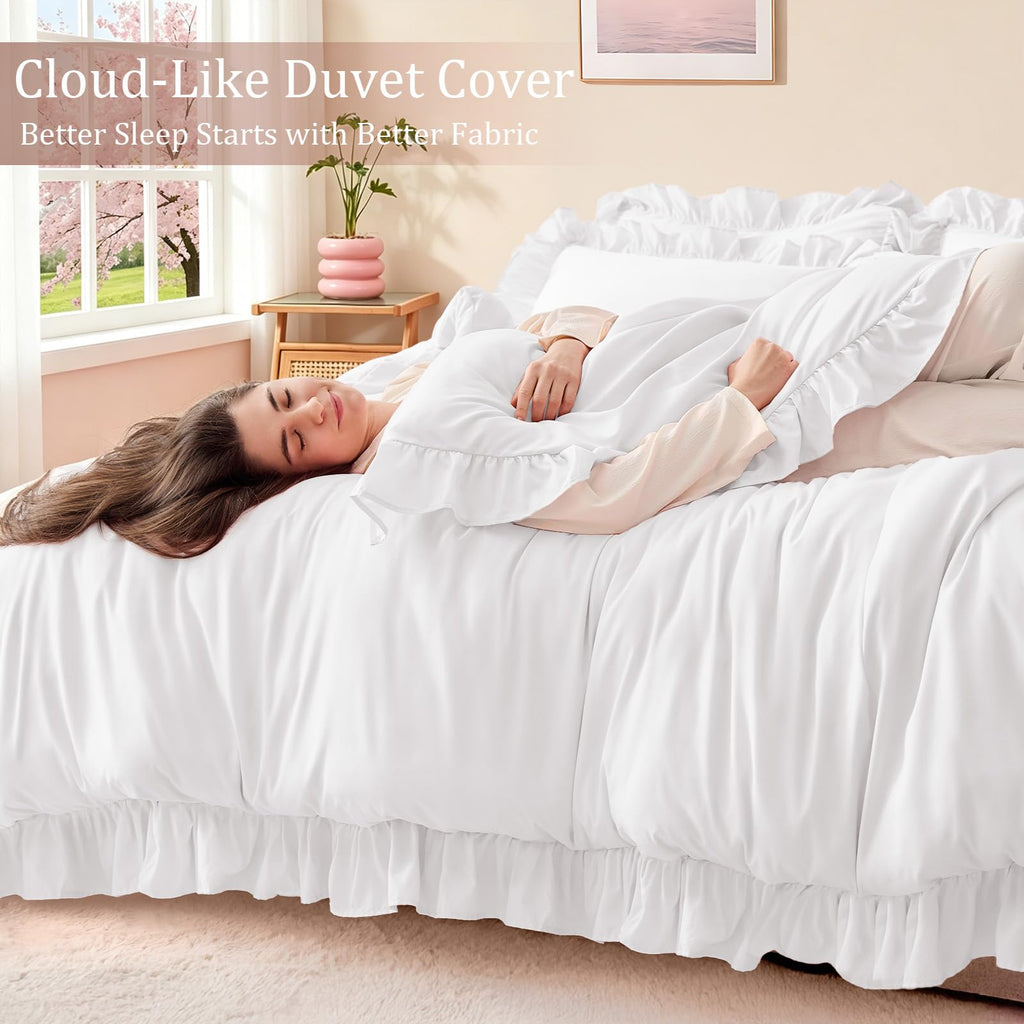 White Duvet Cover 3 Piece, Farmhouse Shabby Chic Bedding