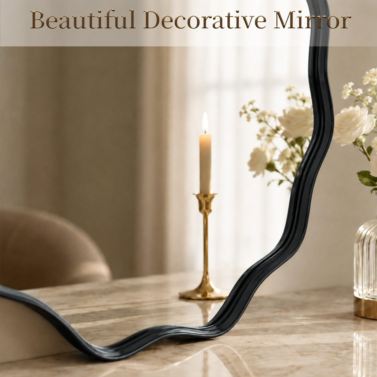 Black Scalloped Circle Mirror, 36" Wavy Edge Round Wall Mirror
