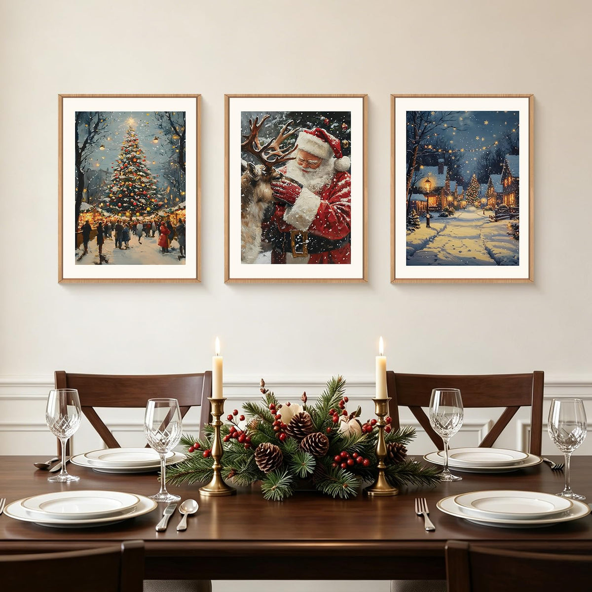 Christmas Santa Claus Reindeer Framed Canvas Wall Art Set, Snowy Xmas Market Pine Tree Sleigh Deer Wall Decor, Winter