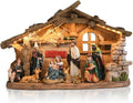 Nativity Scene with Manger, Resin Nativity Sets Figurine with LED Light and Music, 15.6 Inch Holy Family Lighted