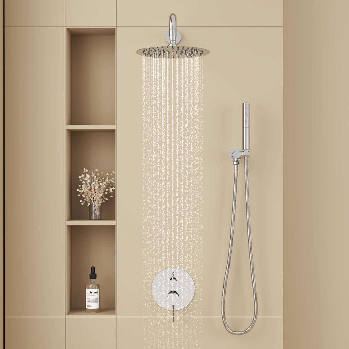 Shower System with 10 Inch Round Rain Shower Head and Handheld Wall Mounted, High Pressure Rainfall Shower Faucet
