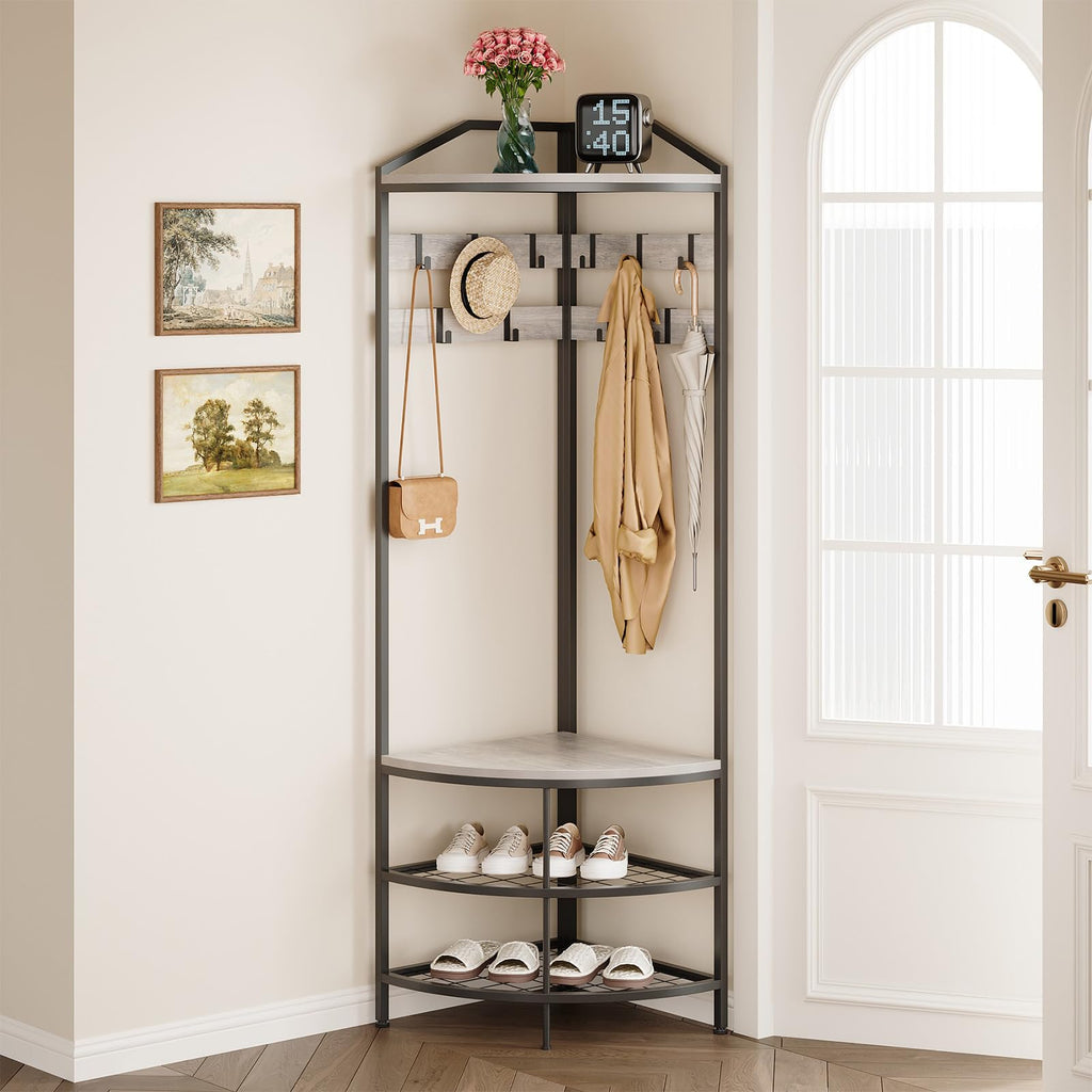 Grey Corner Hall Tree with Shoe Bench Entryway Coat Rack with 10 Metal Movable Hooks Rustic Farmhouse Floorstanding