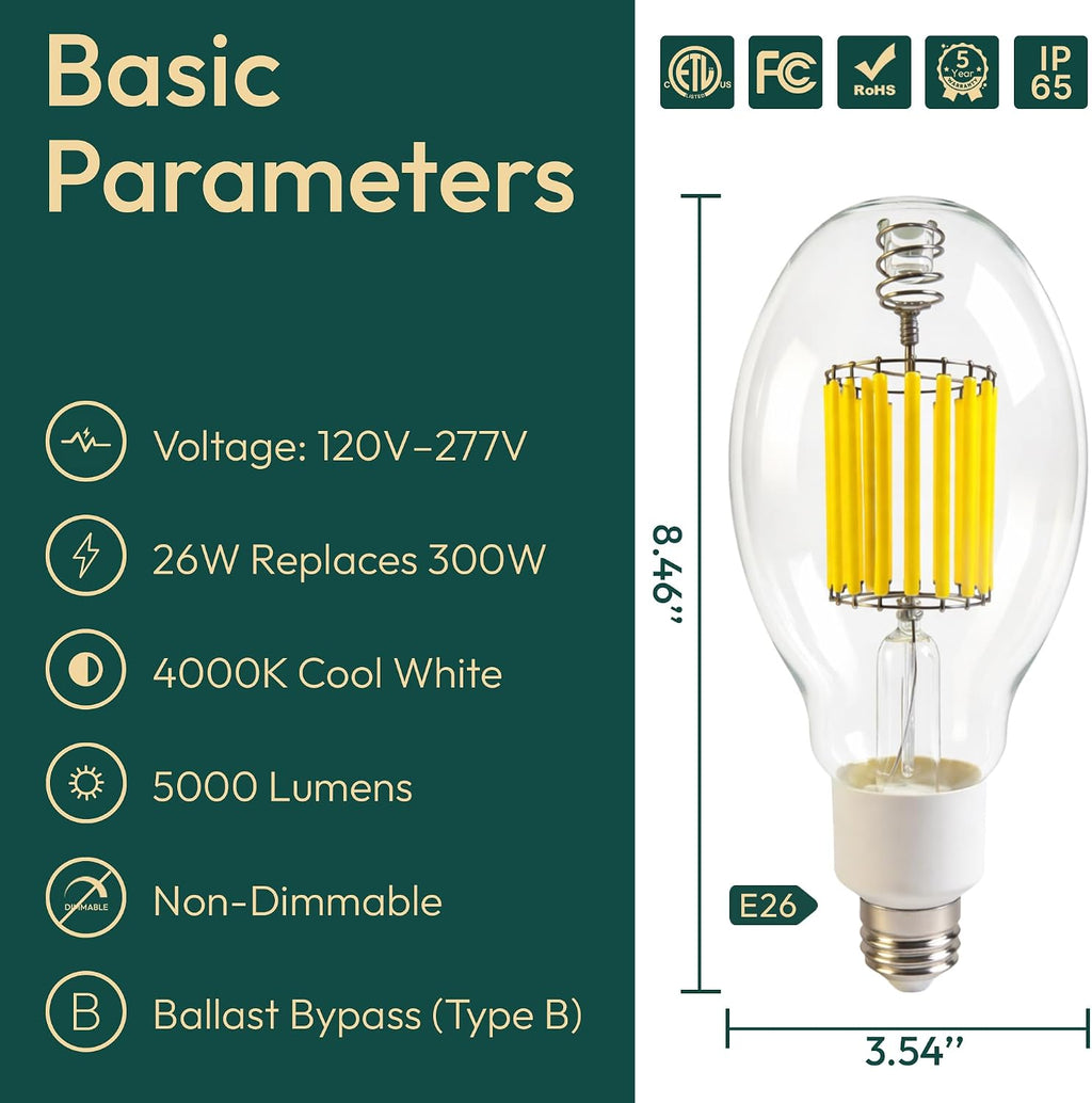 3 Pack ED28 LED Light Bulb 300W HID Equivalent, 5000LM High Brightness, 4000K Cool White, E26 Base, 26W Edison Bulb