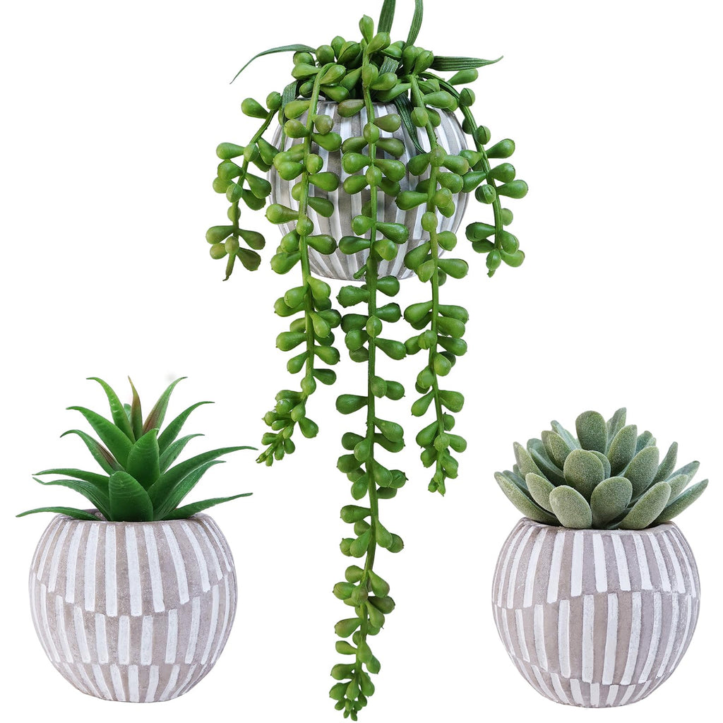 3 Pack Artificial Succulent Plants in Gray Geometric Concrete Pots Fake Aloe Echeveria String of Pearls Succulents