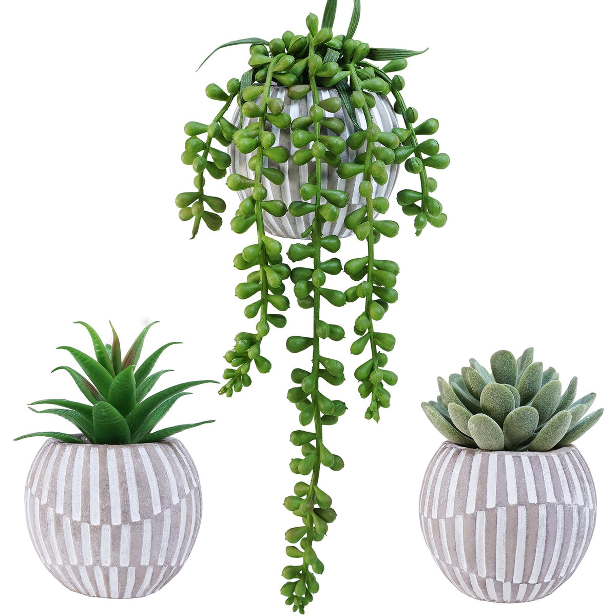 3 Pack Artificial Succulent Plants in Gray Geometric Concrete Pots Fake Aloe Echeveria String of Pearls Succulents
