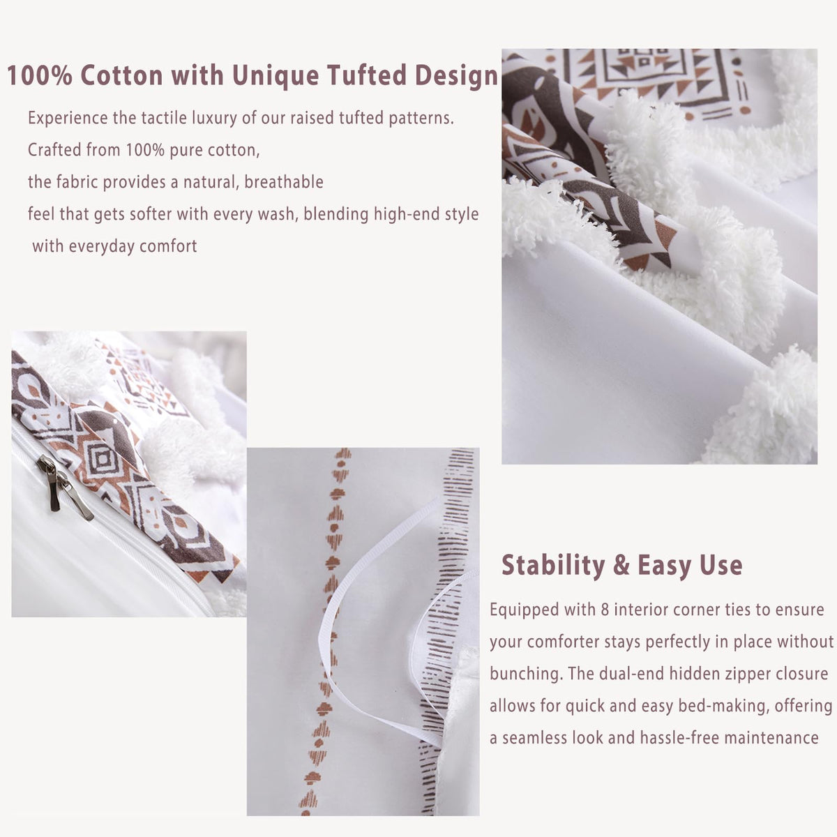 Light Brown 100% Cotton Boho Duvet Cover Set Queen Size, 3-Piece Tufted Textured Modern Boho Moroccan Bedding, Aztec