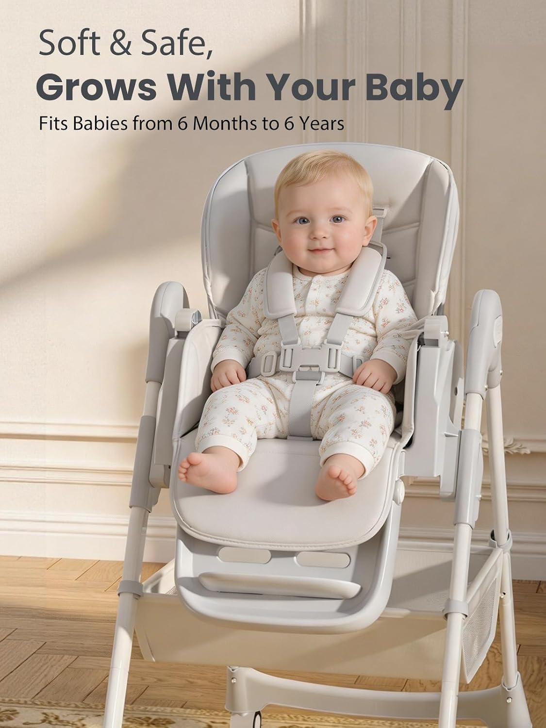 Baby High Chair, Foldable Convertible High Chair for Babies & Toddlers, Adjustable Height & Recline with Removable
