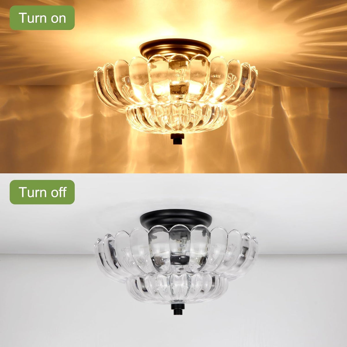 11.8-Inch Black Semi Flush Mount Ceiling Light, Modern 3-Light Clear Glass Chandelier Light Fixture Kitchen Bathroom