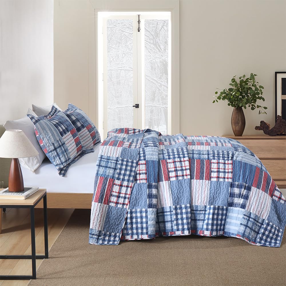 Cotton Bedding Quilt Sets, Soft Reversible Coverlet Sets All Season Blue Bedspread, Plaid Patchwork
