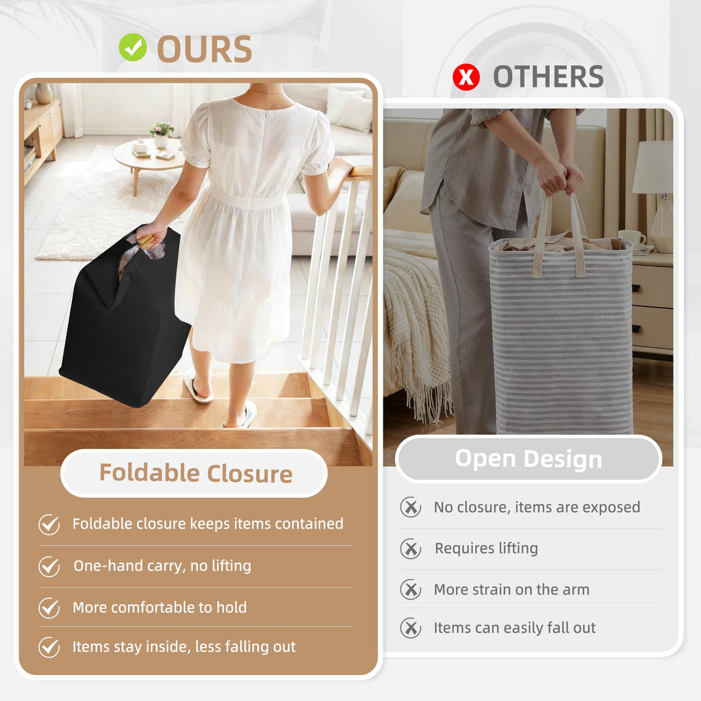 3-Pack Collapsible Laundry Hamper with Bamboo Handles, Black