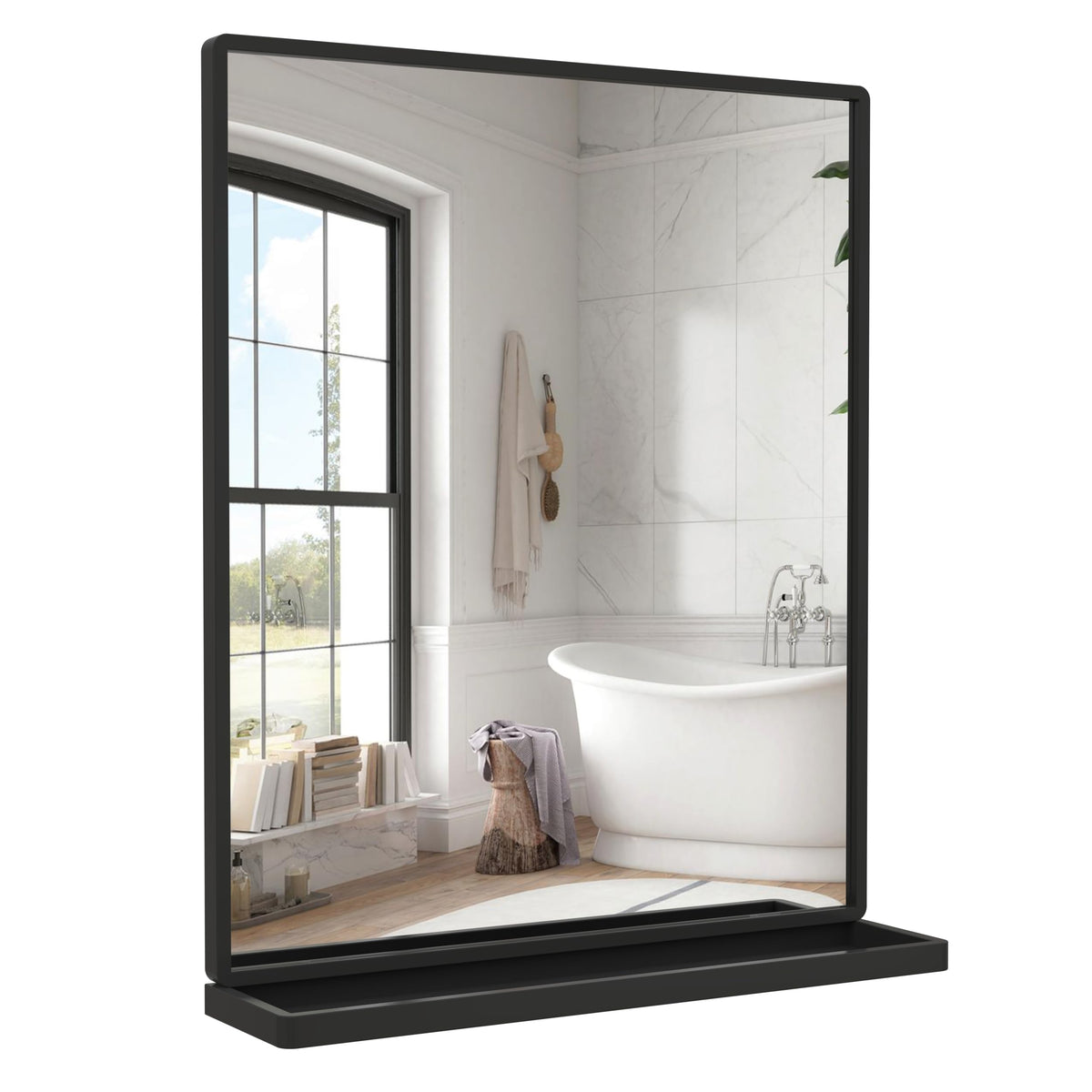 Bathroom Mirror with Shelf, Black Rectangle Wall Mirror Metal Frame, Hanging Horizontal or Vertical (24'' X 20'')