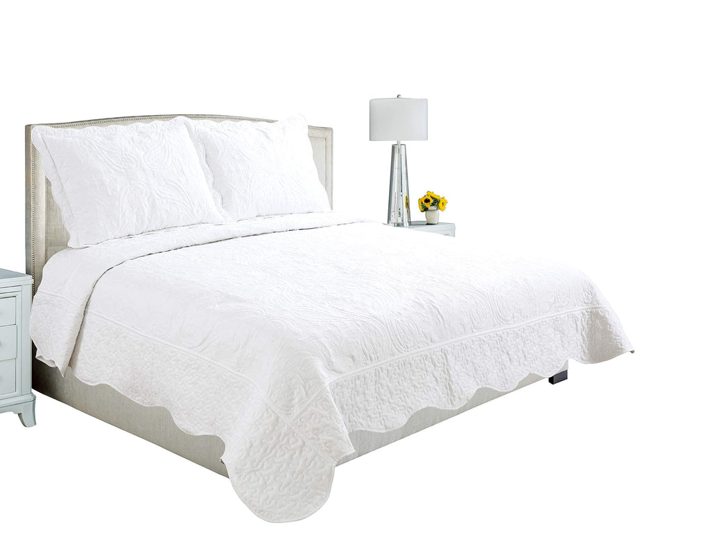 Embroidered Stitching Coverlet Bedspread Ultra Soft Solid 3 Piece Summer Quilt Set with 2 Quilted Shams, White Floral