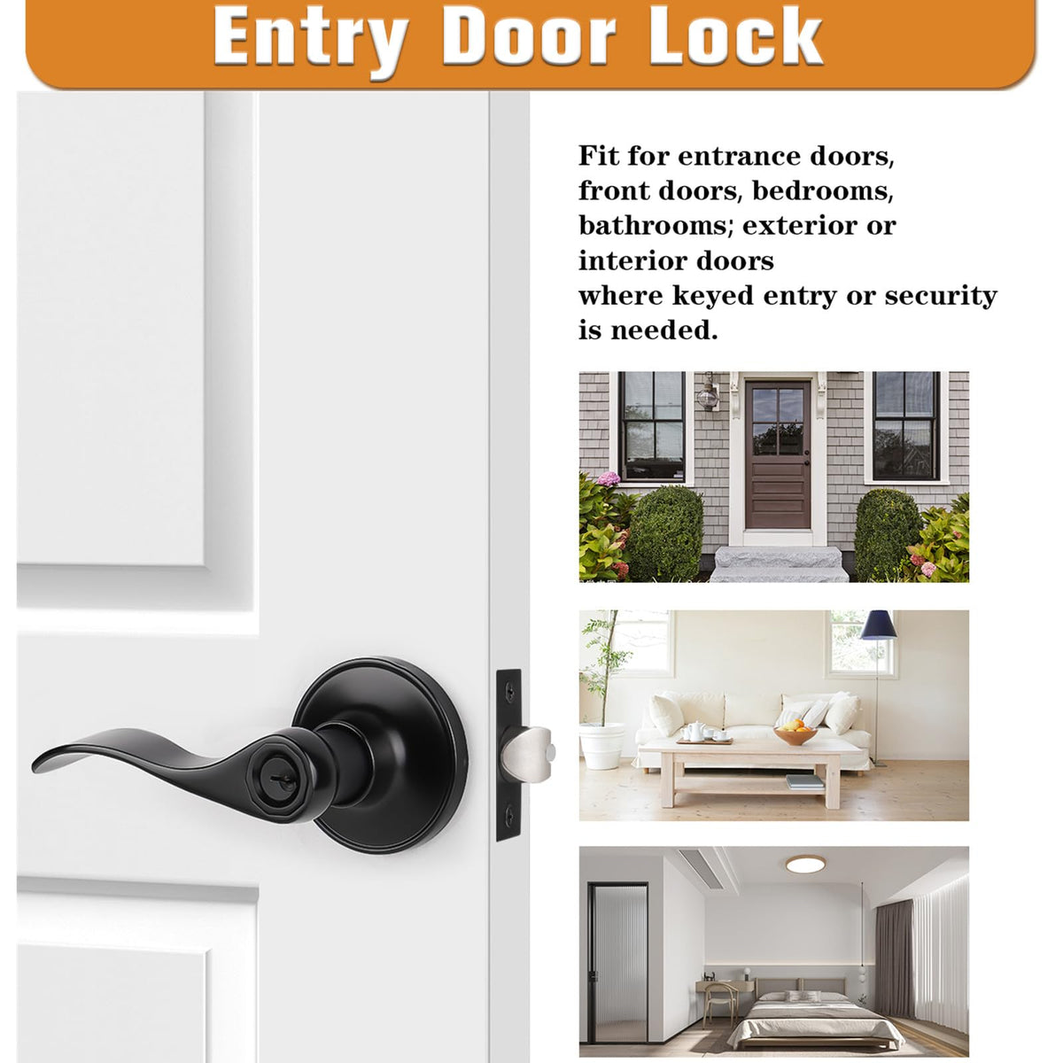 Matte Black Entry Lever, Stainless Steel Wave Style Entrance Handle Exterior Interior Keyed Lock Set for Front or
