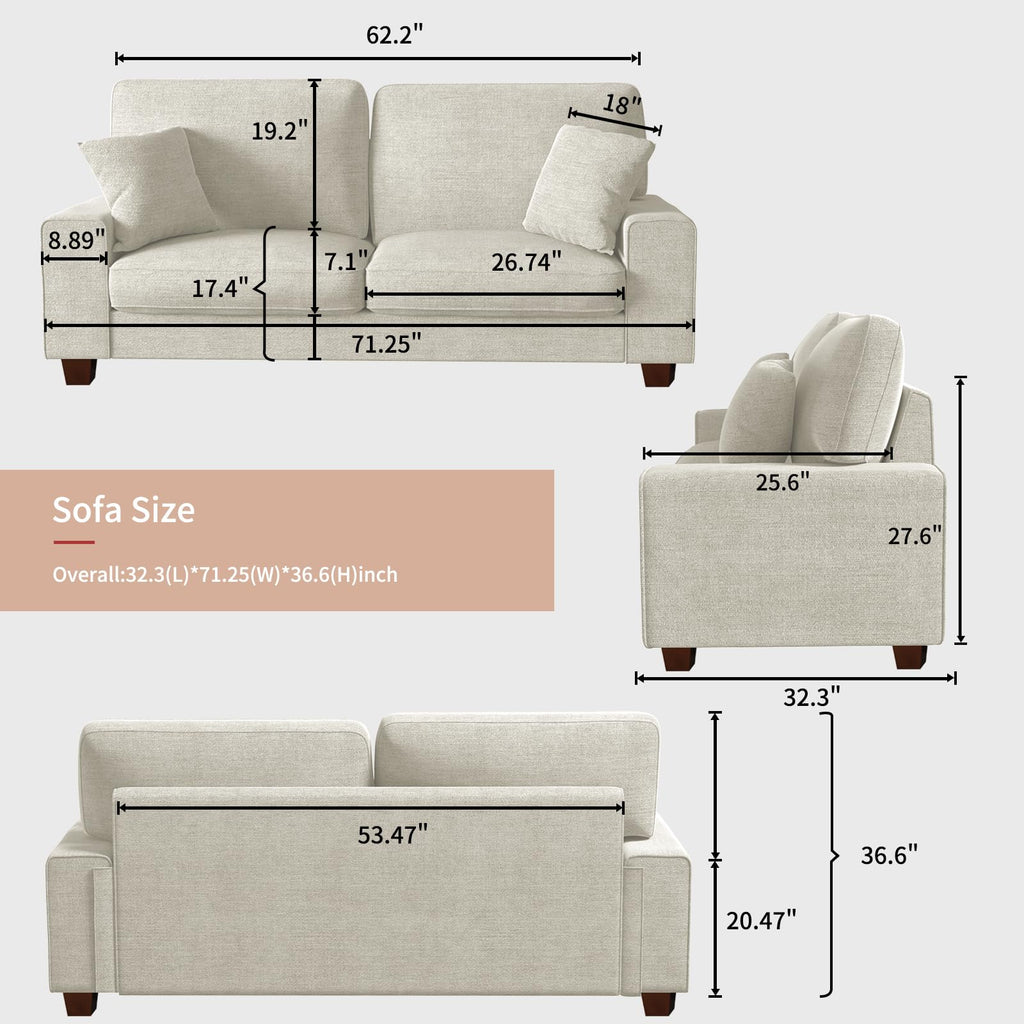 71.25" Chenille Loveseat Sofa, Beige, Modern Couch