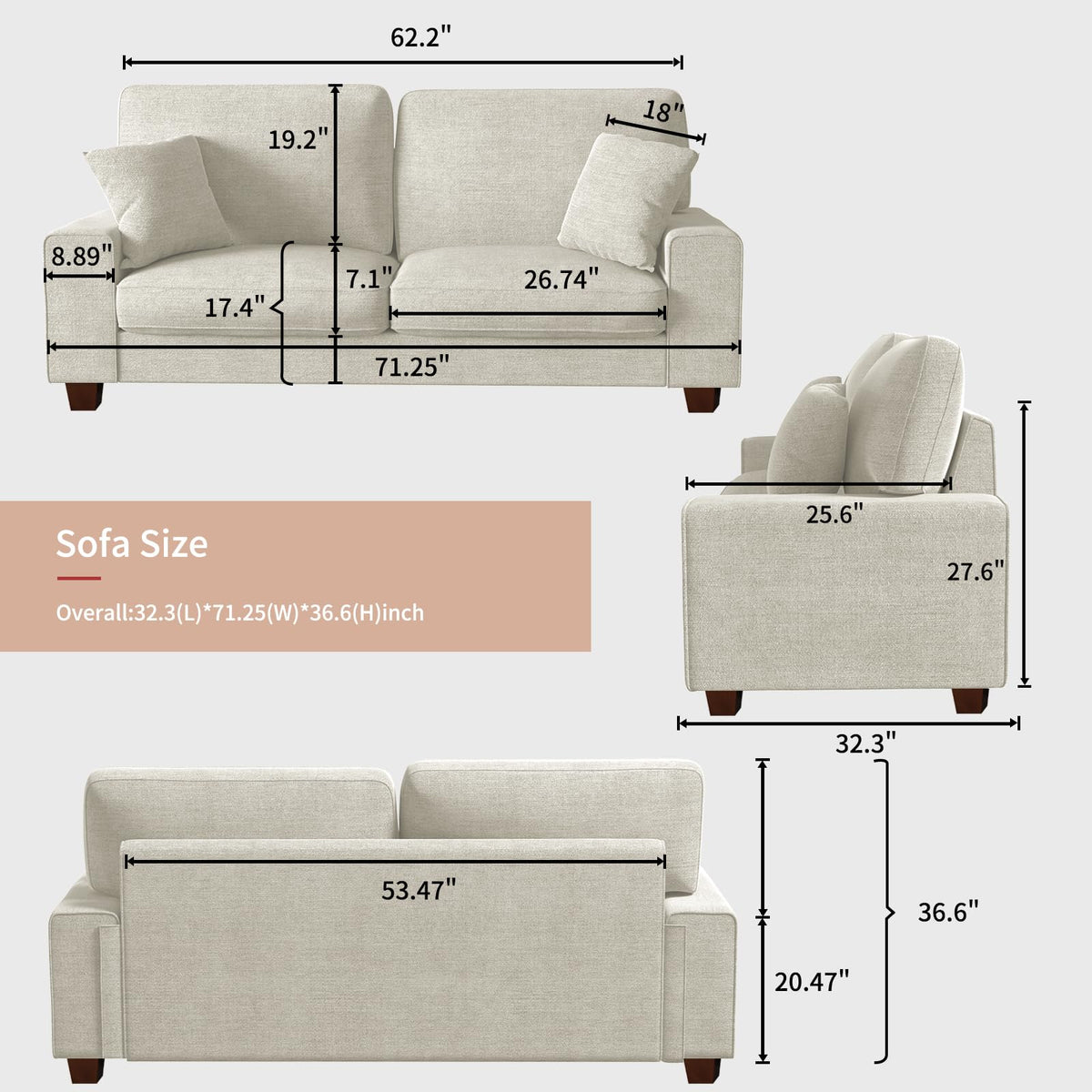 71.25" Chenille Loveseat Sofa, Beige, Modern Couch