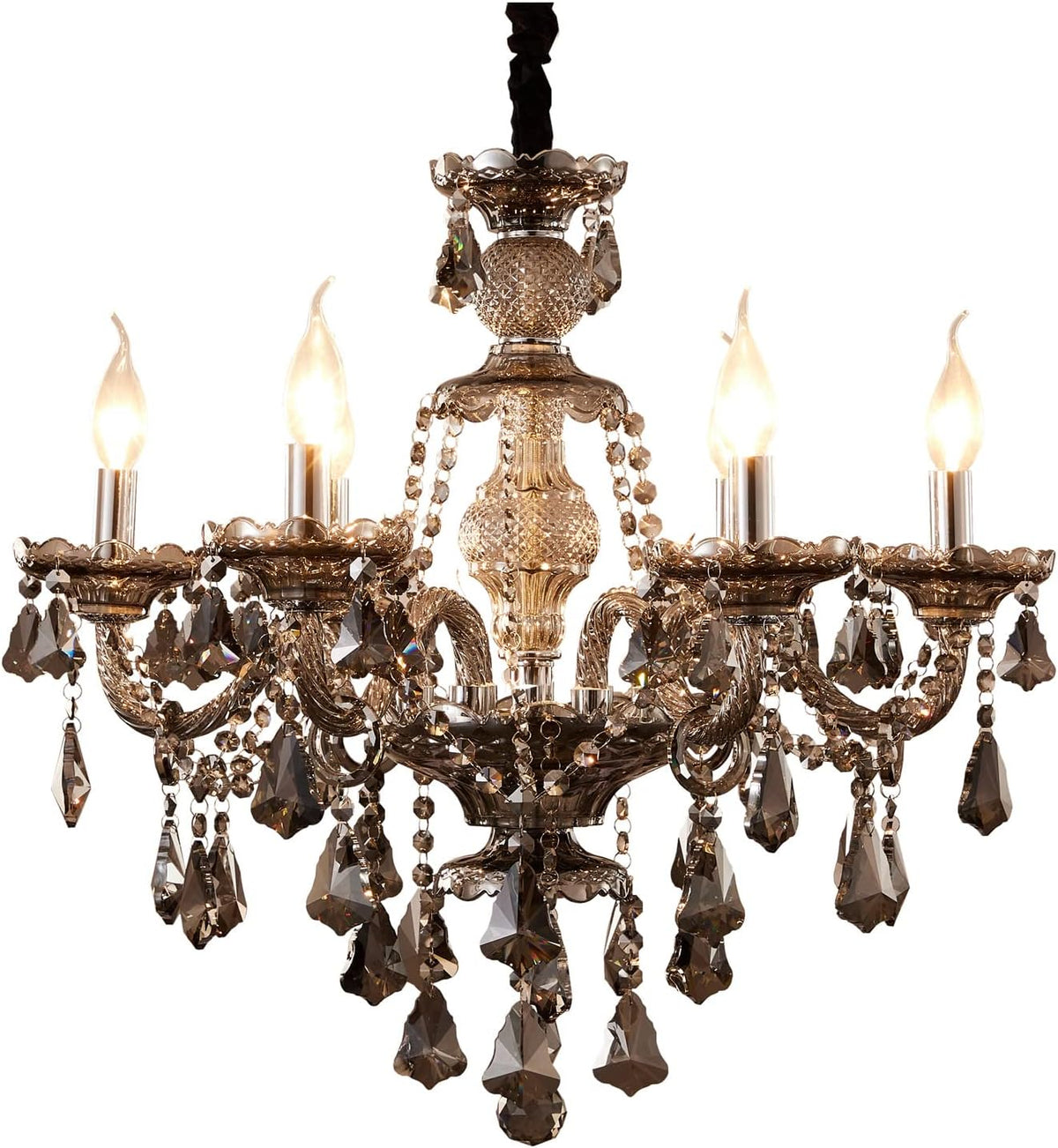 Six-Light Modern Smoke Gray Crystal Chandelier with Faceted Drops