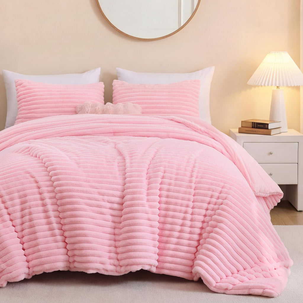 Fluffy Comforter Sets, 3 Pieces Soft Faux Fur Bed Set, Pink