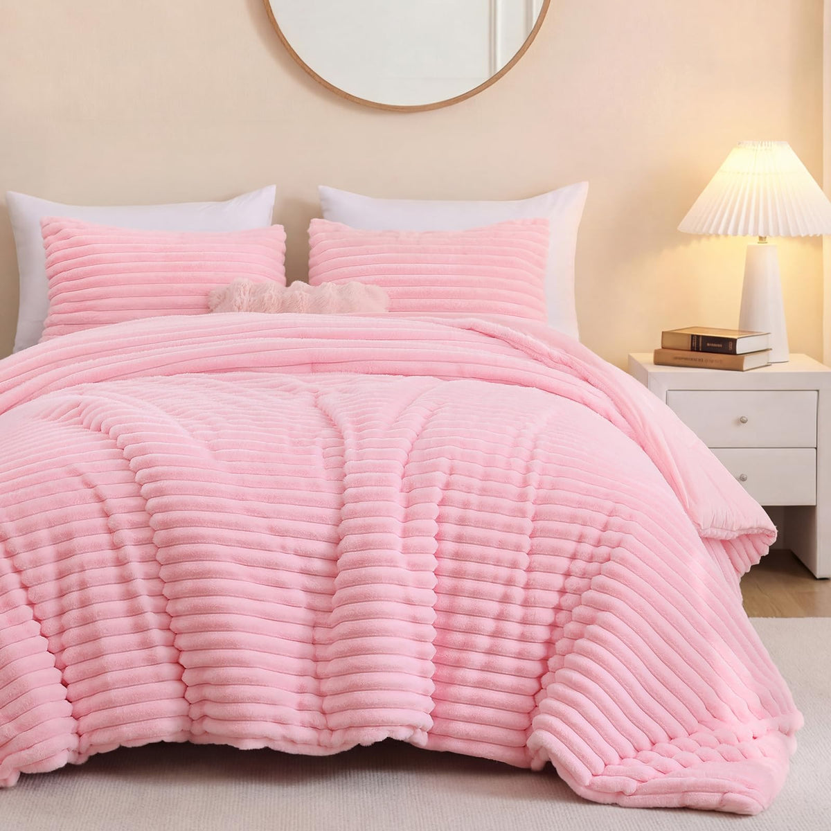 Fluffy Comforter Sets, 3 Pieces Soft Faux Fur Bed Set, Pink