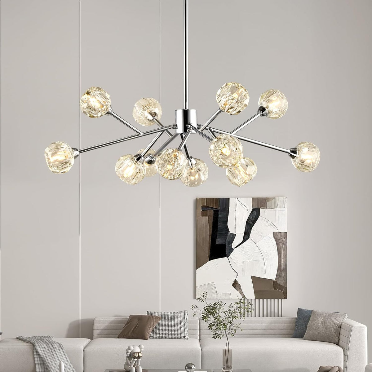 Sputnik Chandeliers for Dining Room Light Fixture Over Table, Modern Crystal Chandeliers, 12 Lights Chrome Lighting Fixtures for Living Room Bedroom Kitchen Island Bar