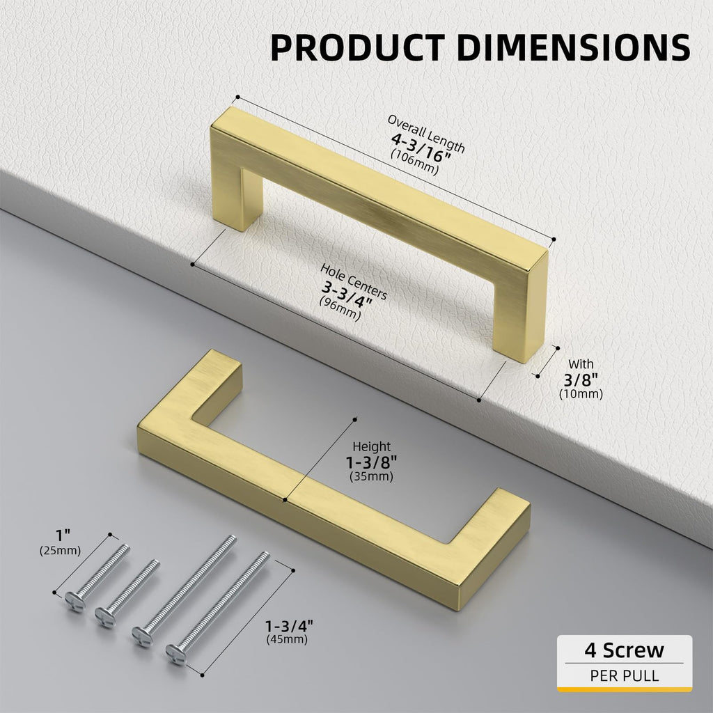 10 Pack 3-3/4" CC Brushed Gold Cabinet Pulls Kitchen Handles