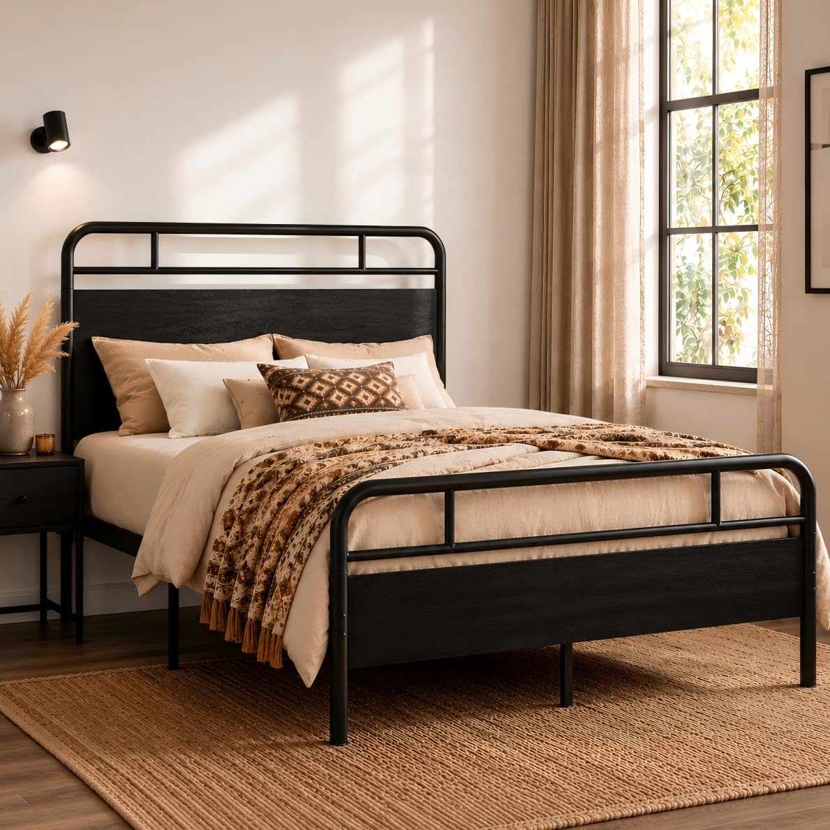 Bed Frame with Vintage Industrial Wood Headboard, Heavy Duty Metal Platform with 12" Under-Bed Storage